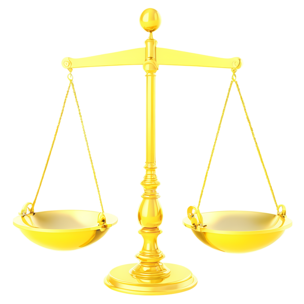 Golden scales of justice illustration for law and balance concept representation balancing equality on transparent background png