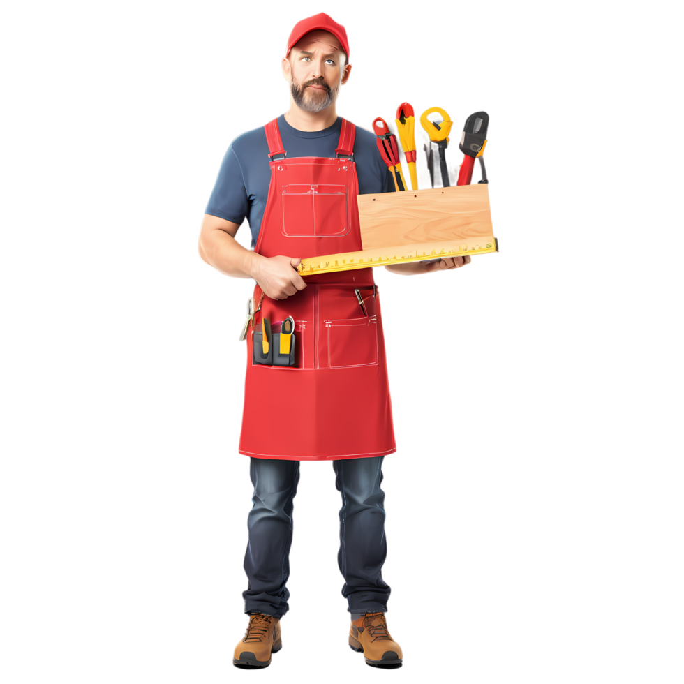 Carpenter handyman construction worker with tools and wood project ready for home improvement work on transparent background png