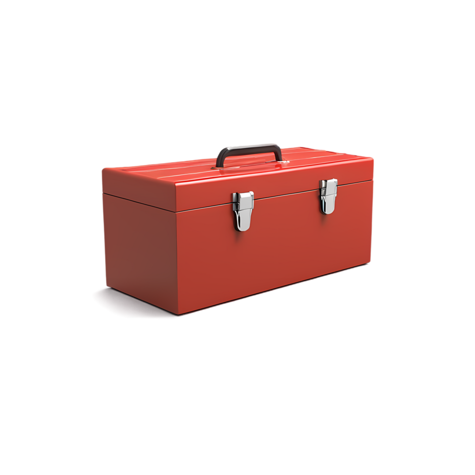 Red metal toolbox storage container equipment organizer for tools and hardware organization and storage on transparent background png