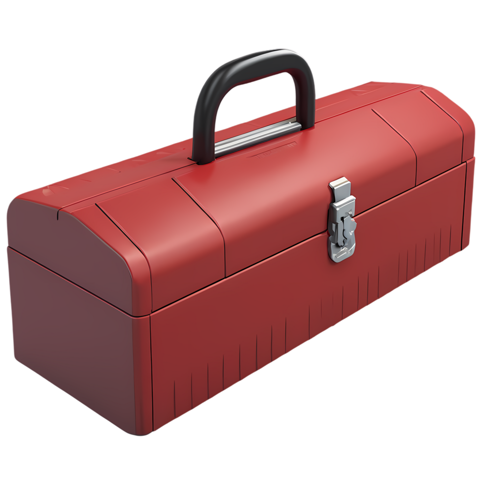 Red toolbox storage container with handle and latch for tools and equipment organization and transport on transparent background png