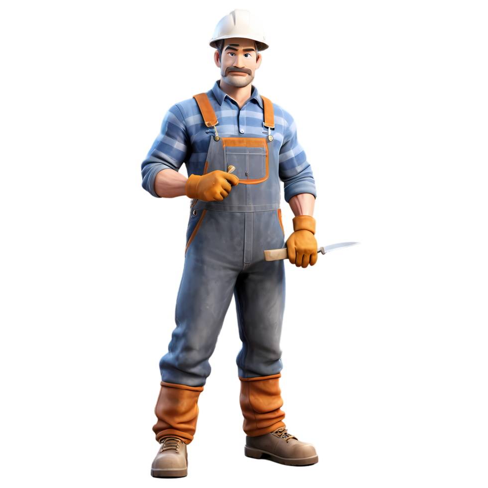 Construction worker character in overalls holding tools ready for building and renovation work on transparent background, labor day png