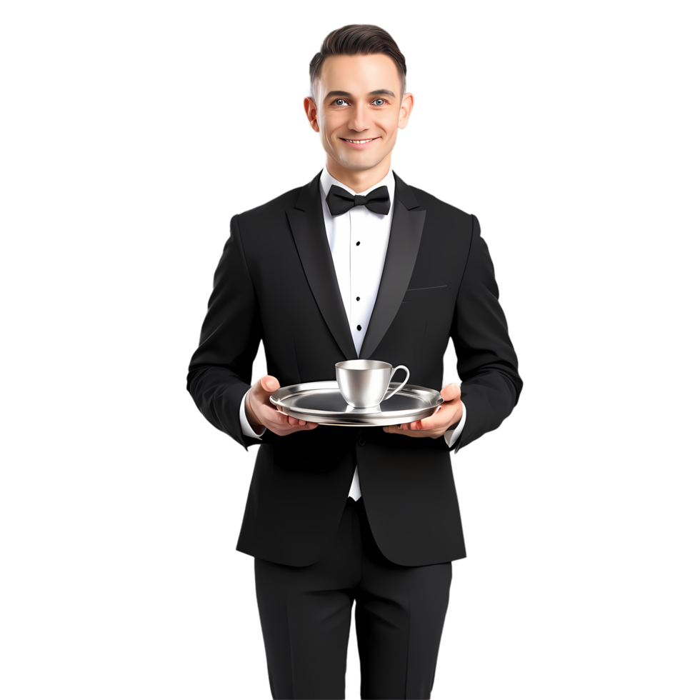 Professional waiter serving beverage on tray in formal suit stock visual content for business use on transparent background png