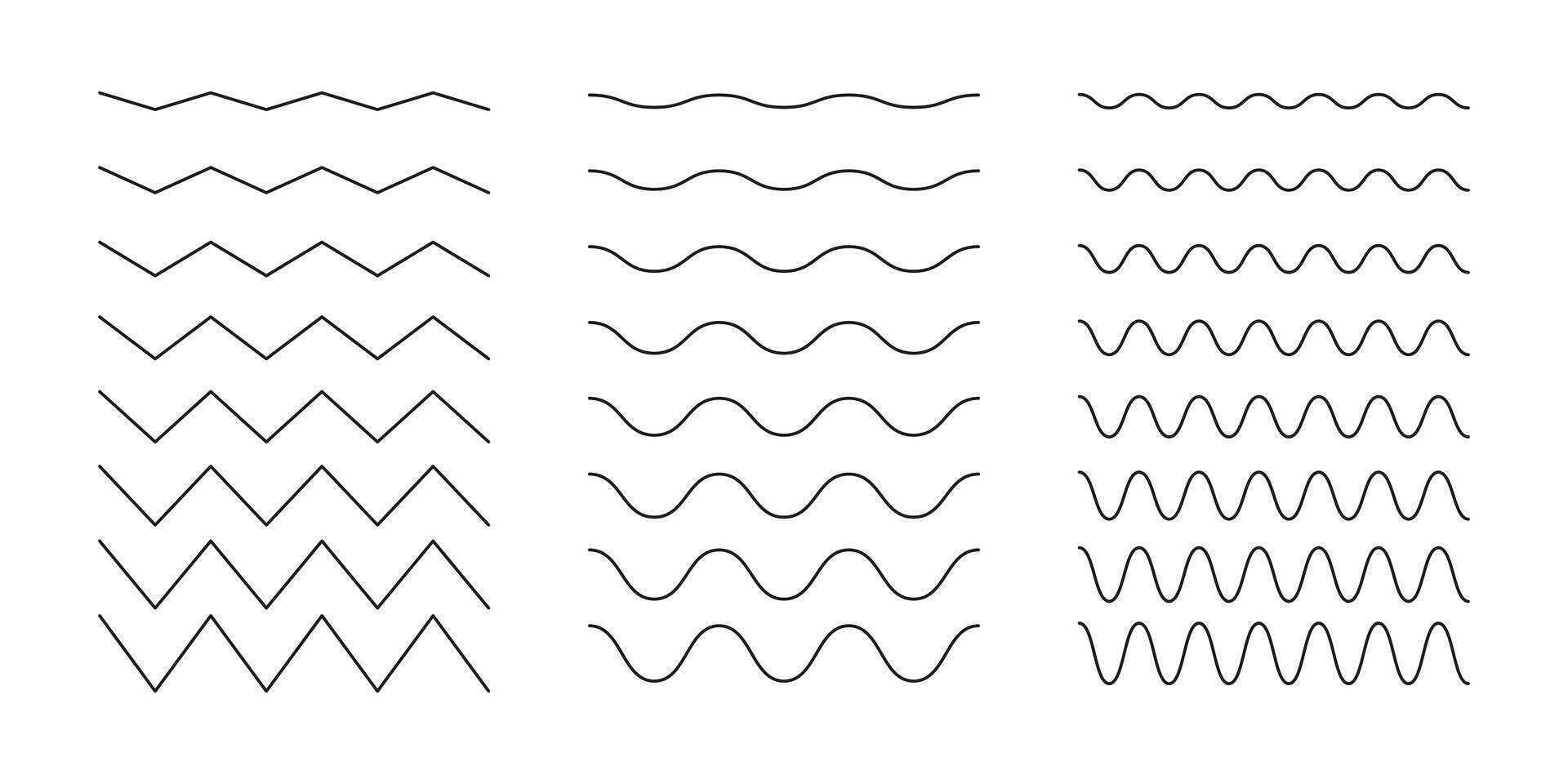 Wavy, curvy lines pattern. Minimal black undulate borders, transverse horizontal lines. Sine, fluid, air, wind flat signs. Water, river, lake, sea, ocean doodle symbol. Outline graphic illustration. vector