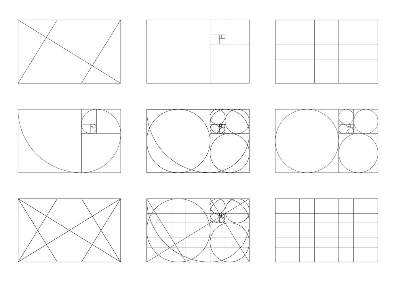 Golden section template. Golden section method of frames. Fibonacci array, number shapes. Harmony of rectangle proportions. vector