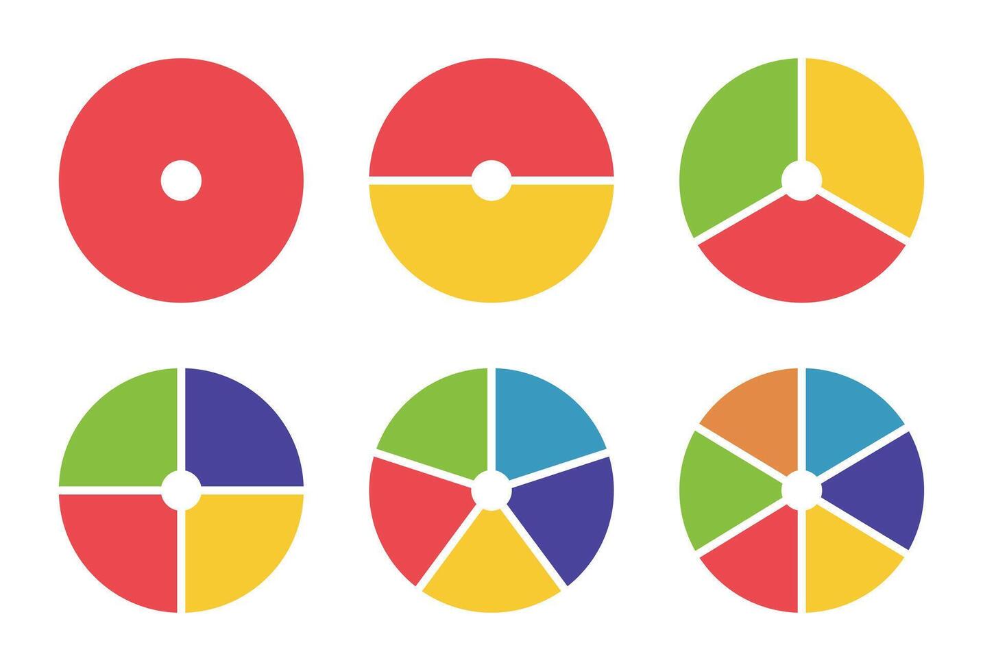 Donut chart segmented on equal parts. Wheels divided in from 1 to 6 sections. Set of diagrams infographic multicoloured. Circle minimal section graph. Pie, pizza chart round icon. Loading bar template vector