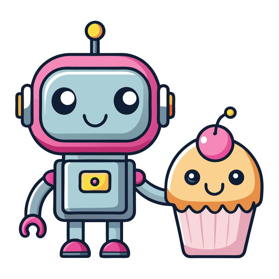 cute robot and cupcake illustration vector