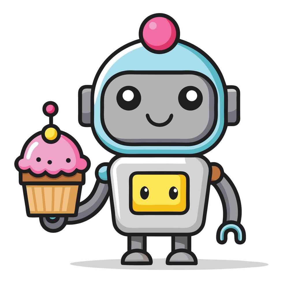 cute robot holding a cupcake illustration vector