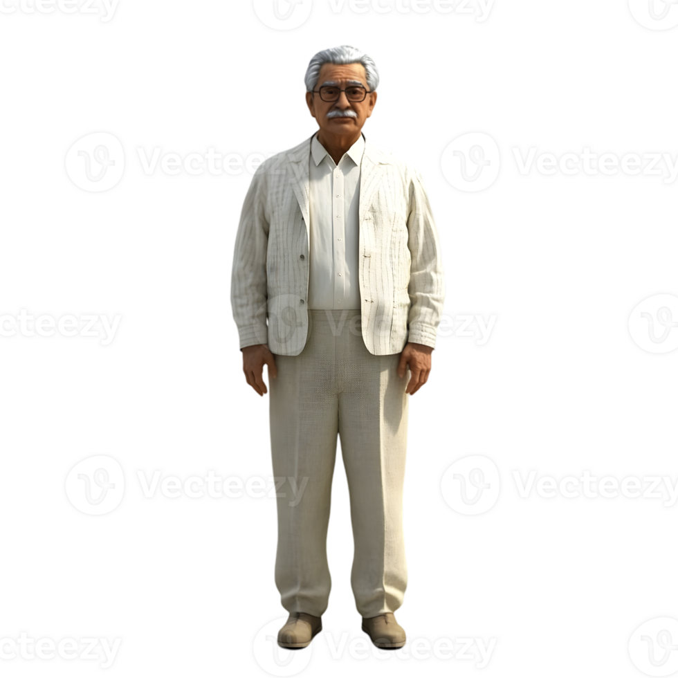 An elderly man in a white suit standing png