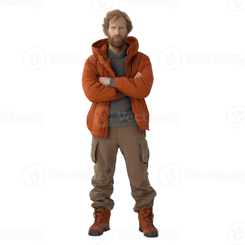 A man in an orange jacket and brown boots png