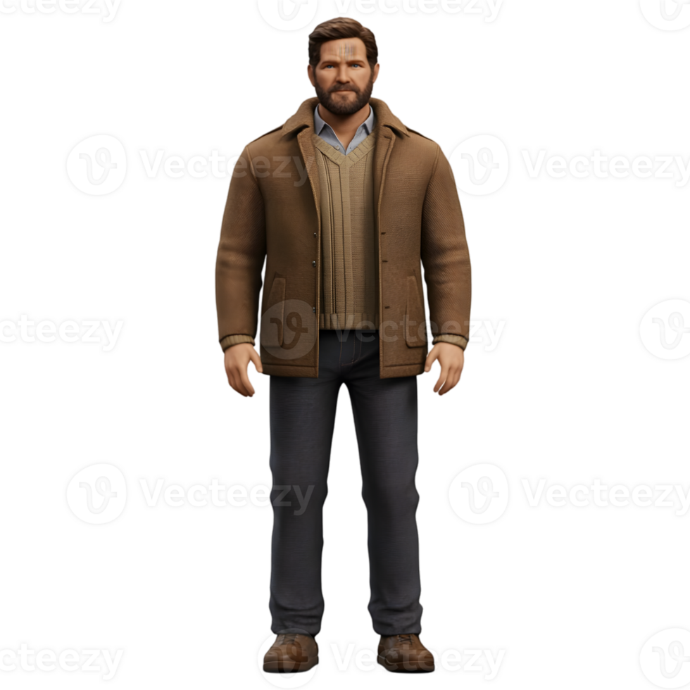 A man in a brown coat and sweater png