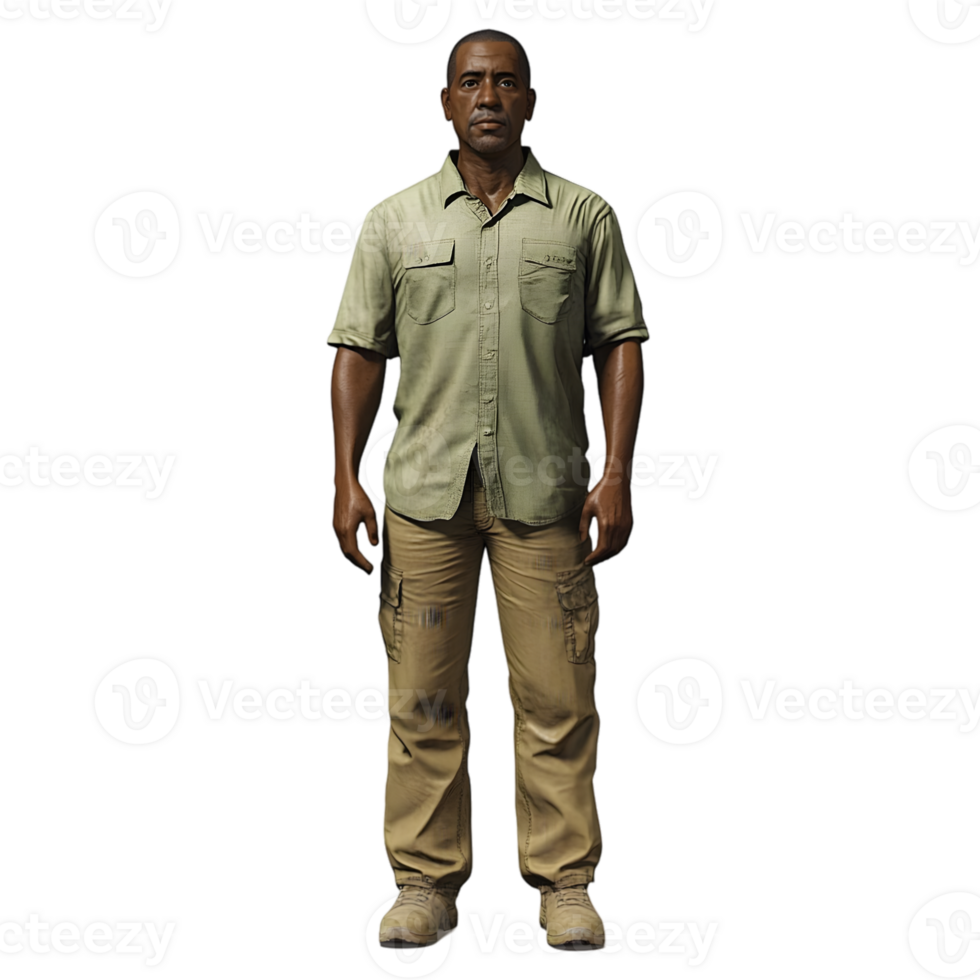 A man in a green shirt and khaki pants png