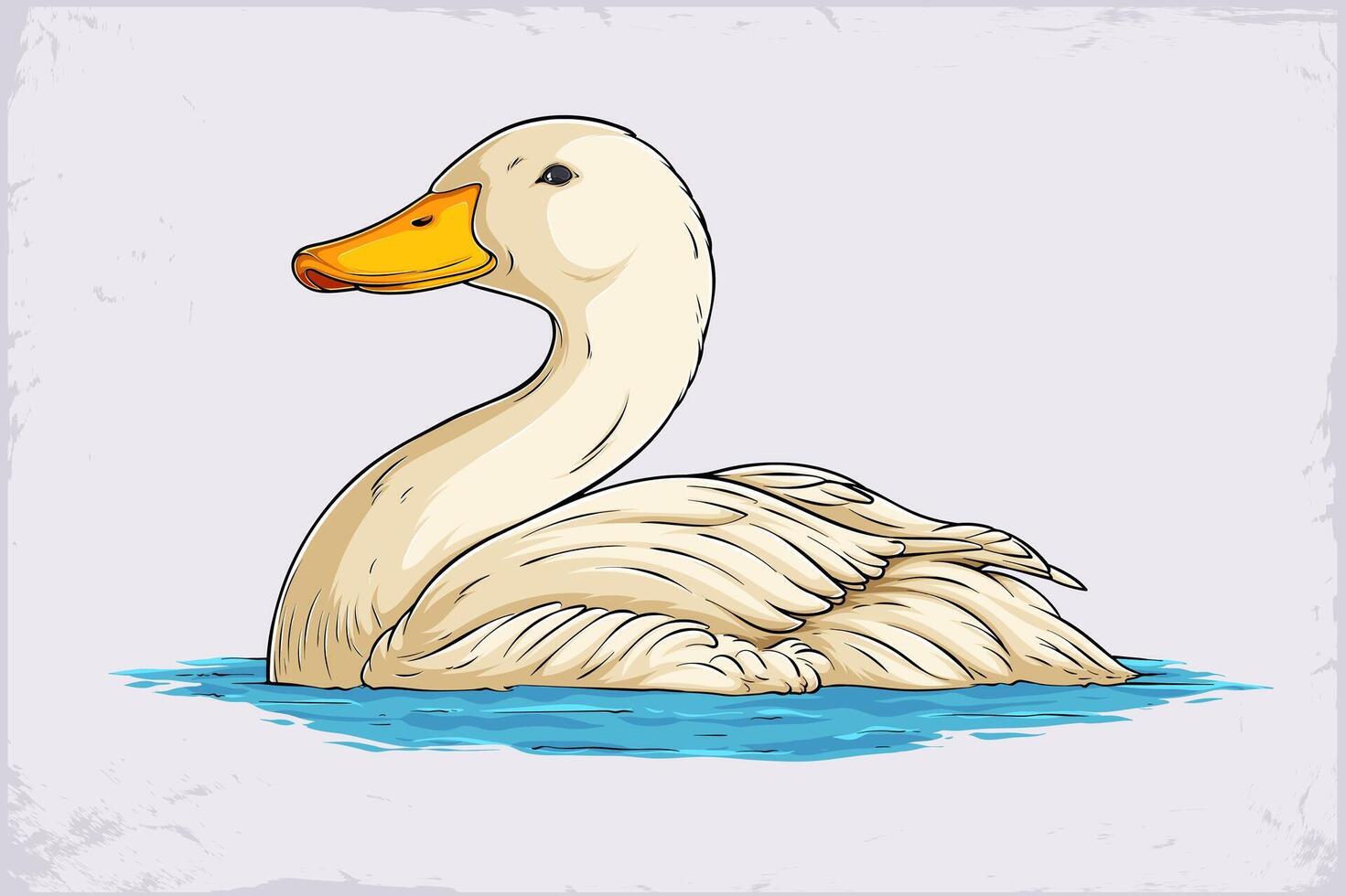Hand drawn white American pekin swimming in river water. Cute white domestic duck breed with orange legs and bills floating on lake water vector
