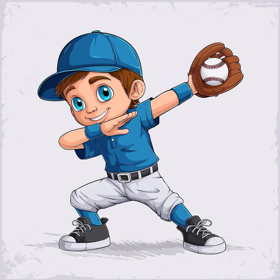 Hand drawn cute baseball player with blue eyes doing dabbing dance gesture, wearing blue cap and catching baseball ball with baseball glove vector
