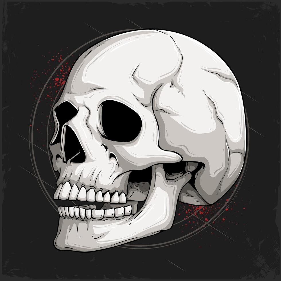 Hand drawn human skull with teeth, smiling side faced human head bones isolated on black background vector