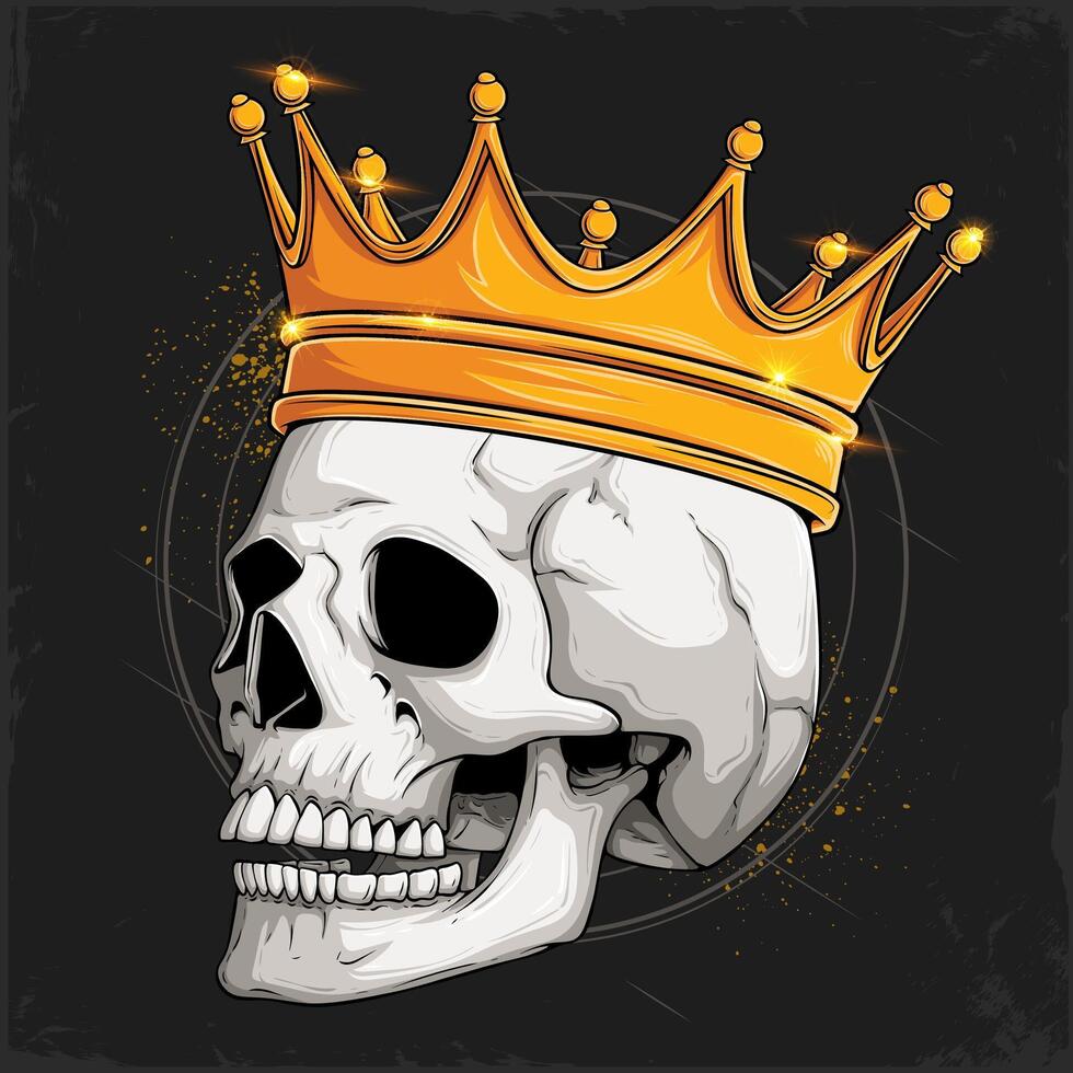 Hand drawn human skull with teeth wearing shiny golden royal crown, majestic smiling side faced human head bones isolated on black background vector