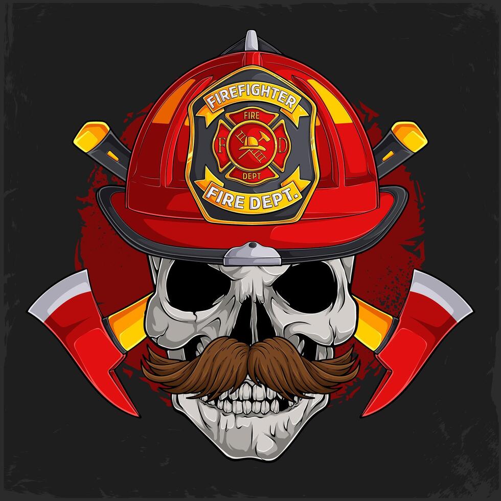 Hand drawn human skull with cute brown moustache wearing red firefighting helmet with fire department badge on front vector