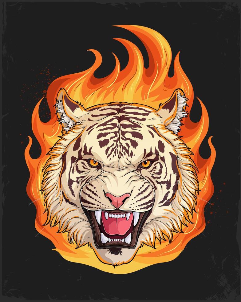 Hand drawn angry roaring white tiger head burning on fire, wild big cat tiger face growling in the middle of raging fire isolated on black background vector