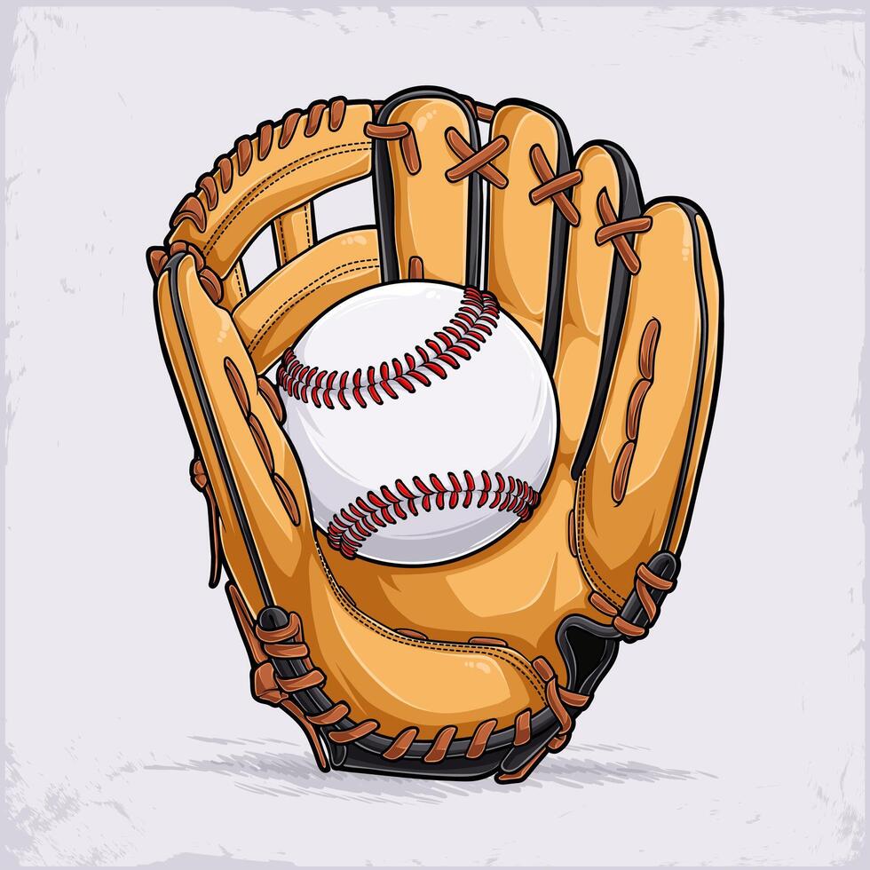 Hand drawn professional beige leather baseball glove with white and red stitched baseball ball on it isolated on white background vector