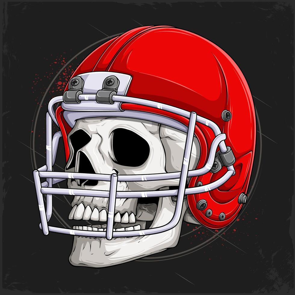 Hand drawn human skull with teeth wearing red American football helmet, smiling side faced human head bones isolated on black background vector