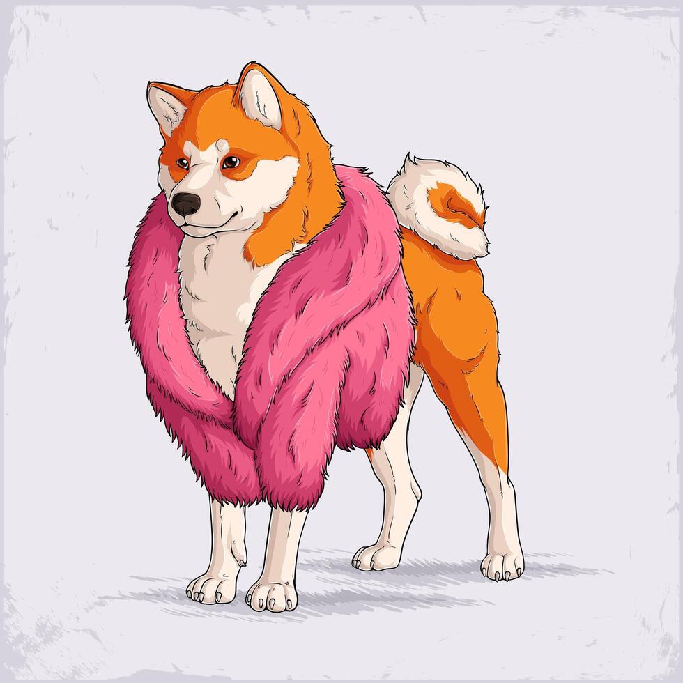 Hand drawn Japanese small dog breed red Shiba Inu standing, wearing pink fur coat. loyal, alert hunting dog breed with strong prey instinct vector