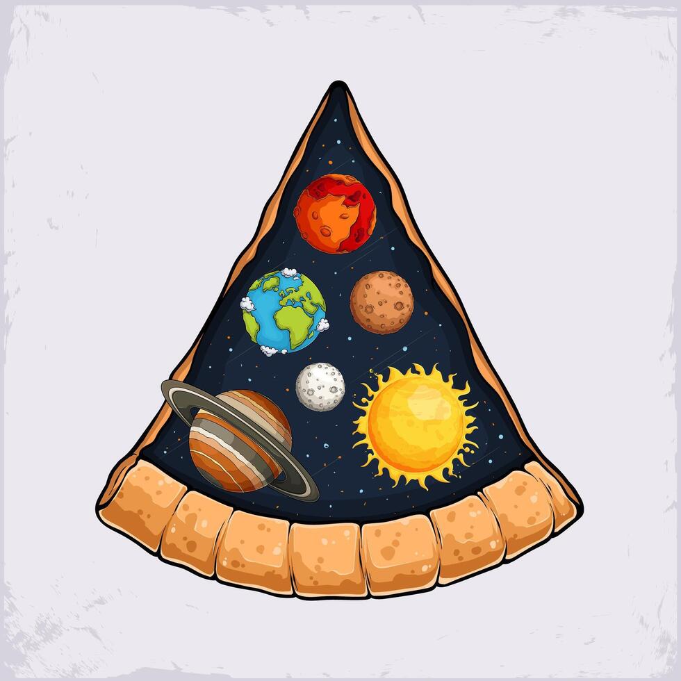 Hand drawn yummy slice of pizza with solar system planets as ingredients isolated on white background vector