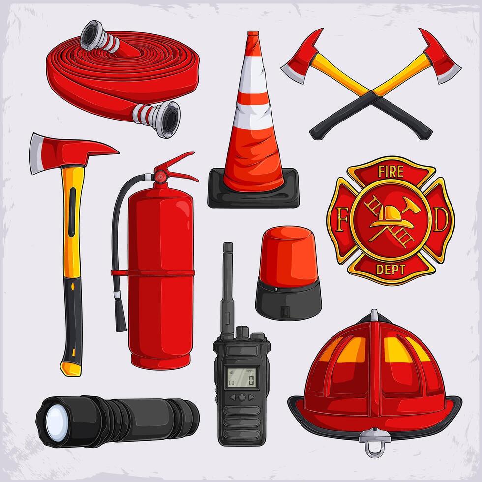 Hand drawn firefighting tools and equipment, red siren alert, fire department badge, forcible entry axes, torch, fire hose, fire helmet, cone vector