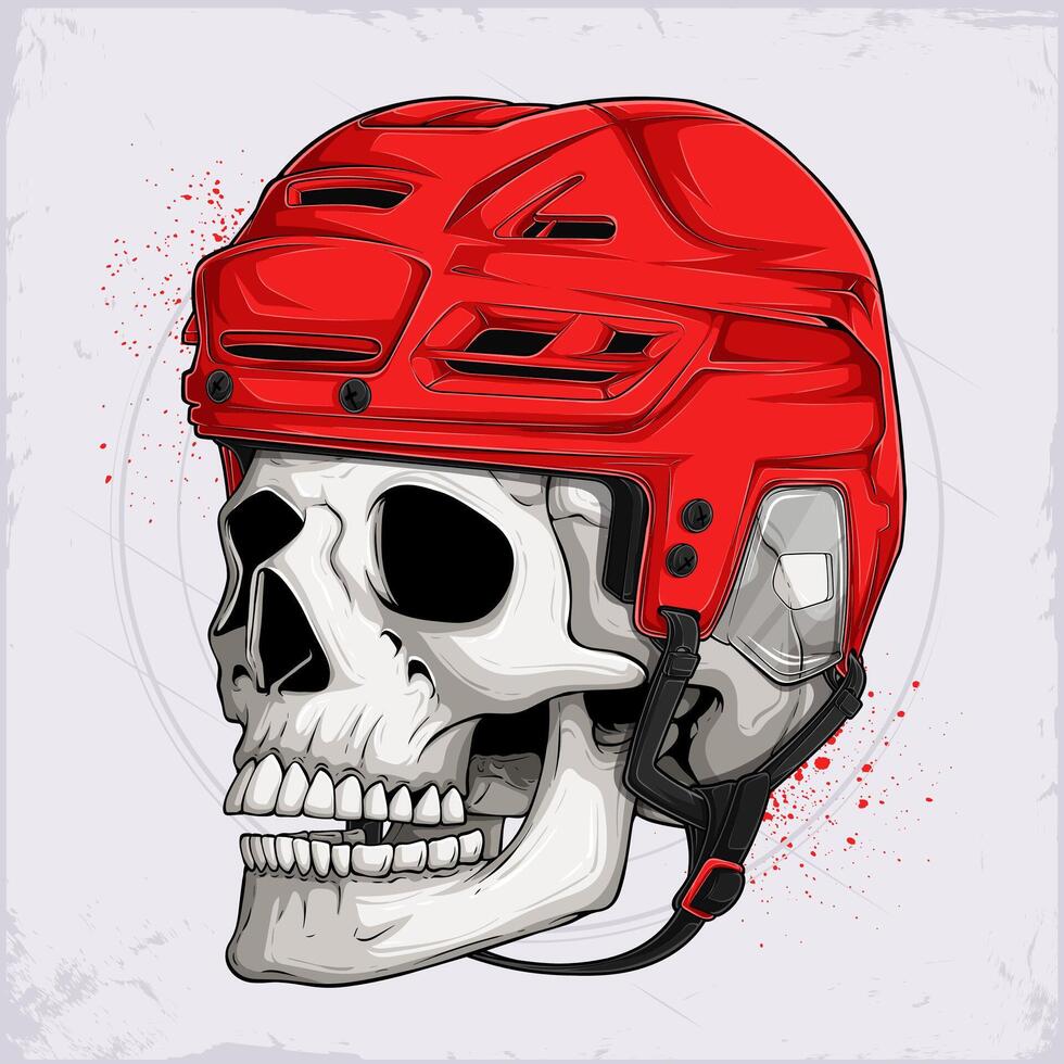 Hand drawn human skull with teeth wearing red ice hockey, smiling side faced human head bones isolated on black background vector