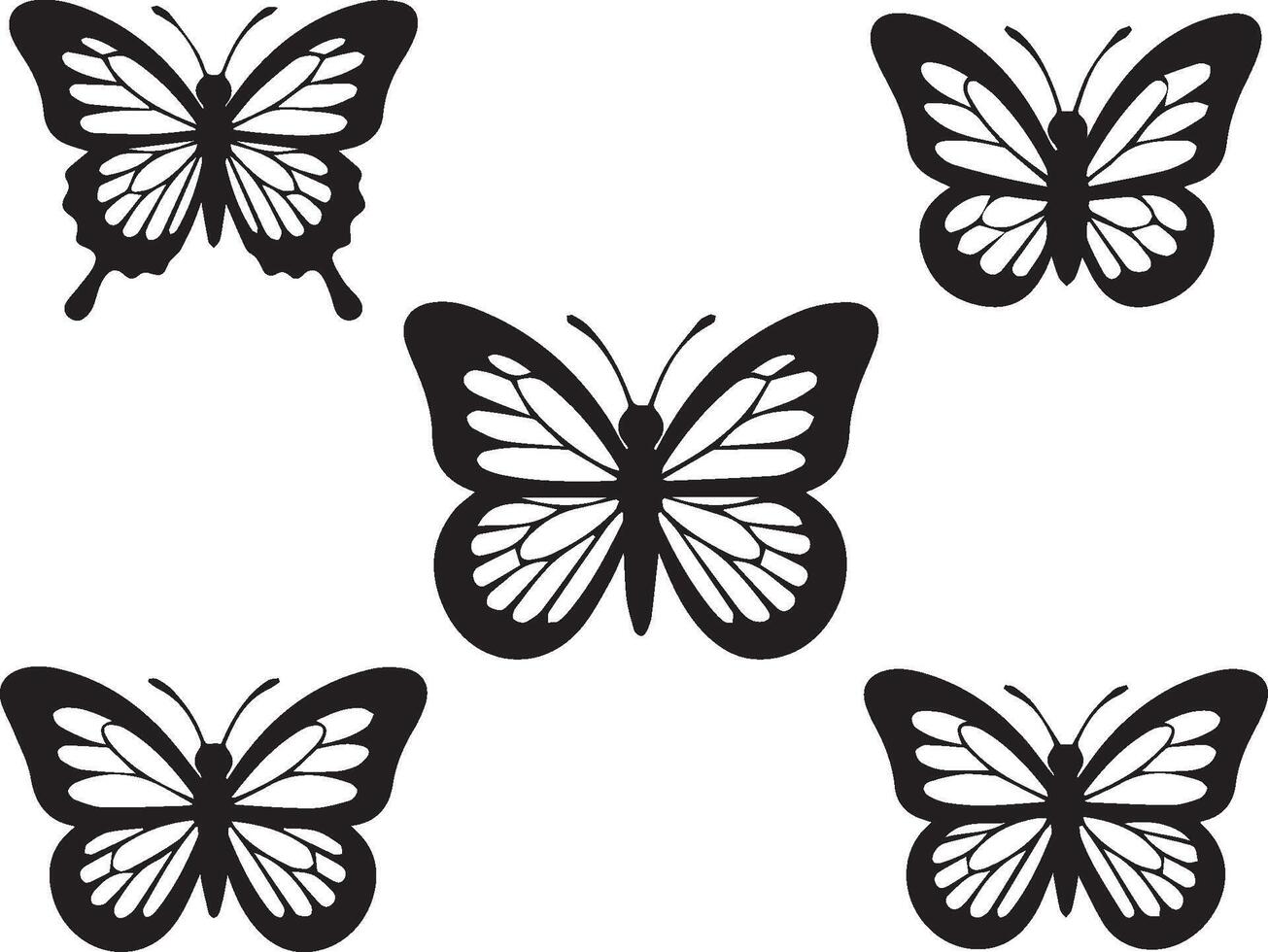 Five Black and White Butterflies Silhouettes set vector
