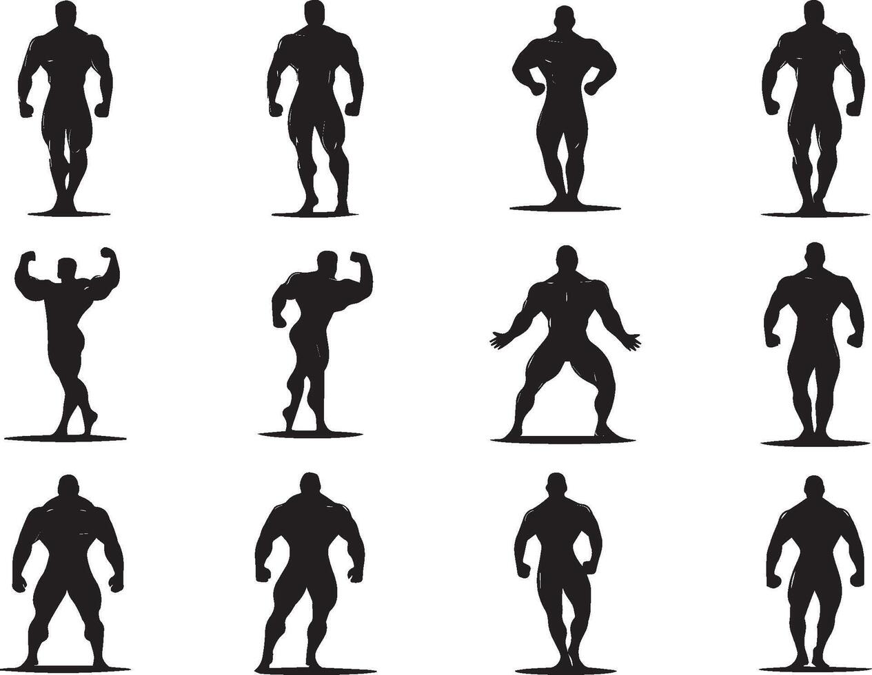 Bodybuilder silhouettes in various poses, perfect for gym branding and fitness content. vector