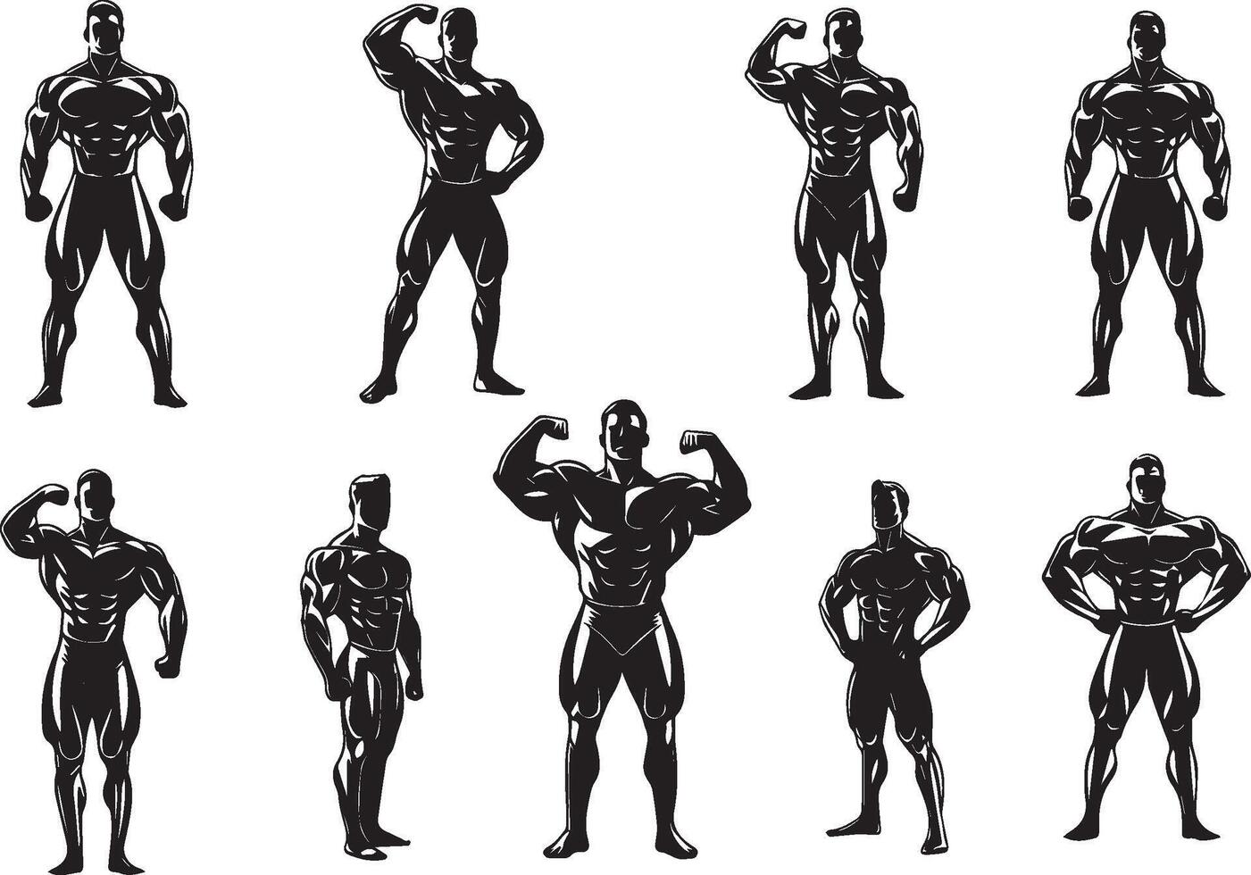 Bodybuilder silhouettes in various poses, perfect for gym branding and fitness content white background vector