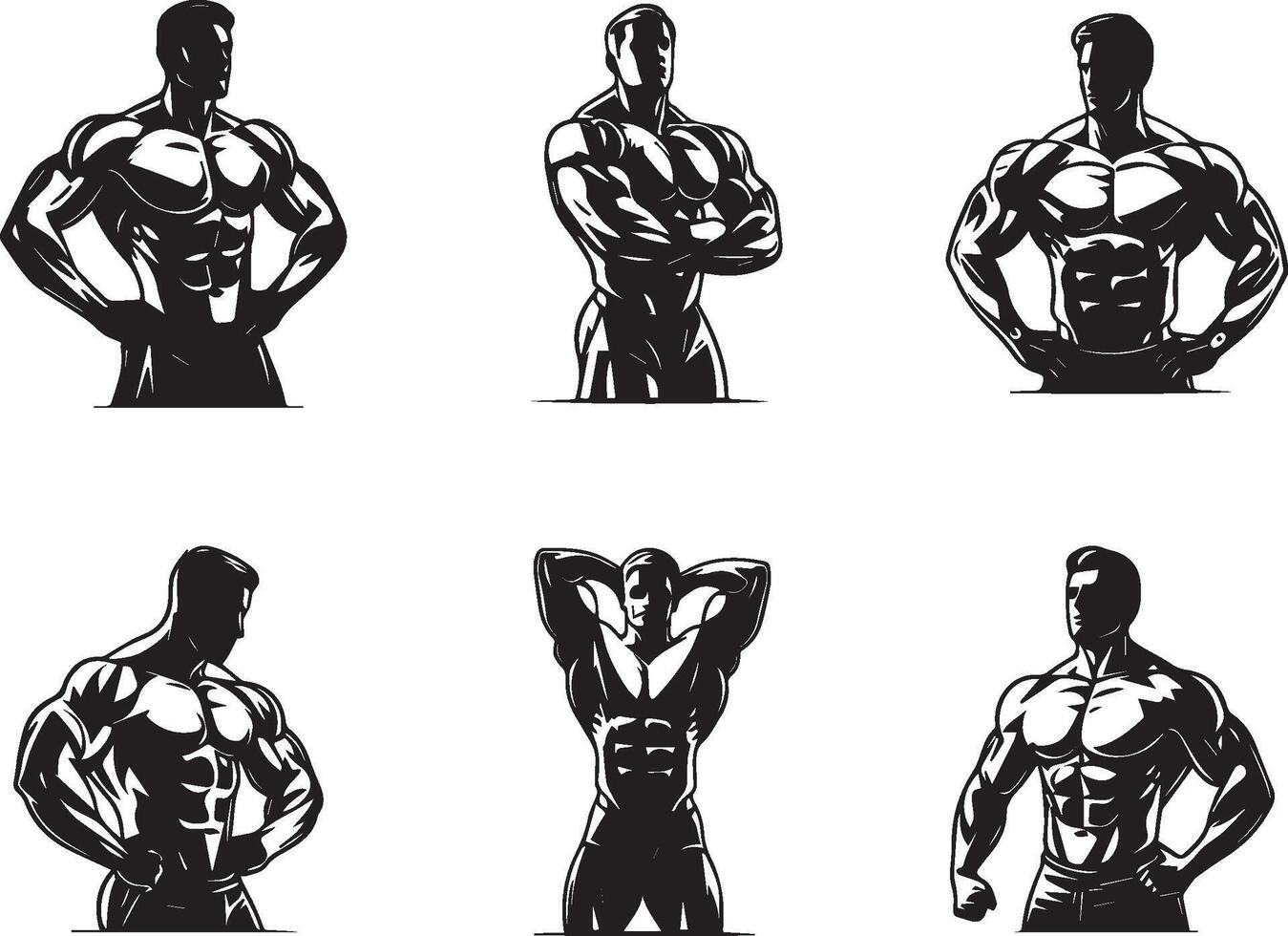 Bodybuilder silhouettes set in various poses, perfect for gym branding and fitness content. vector