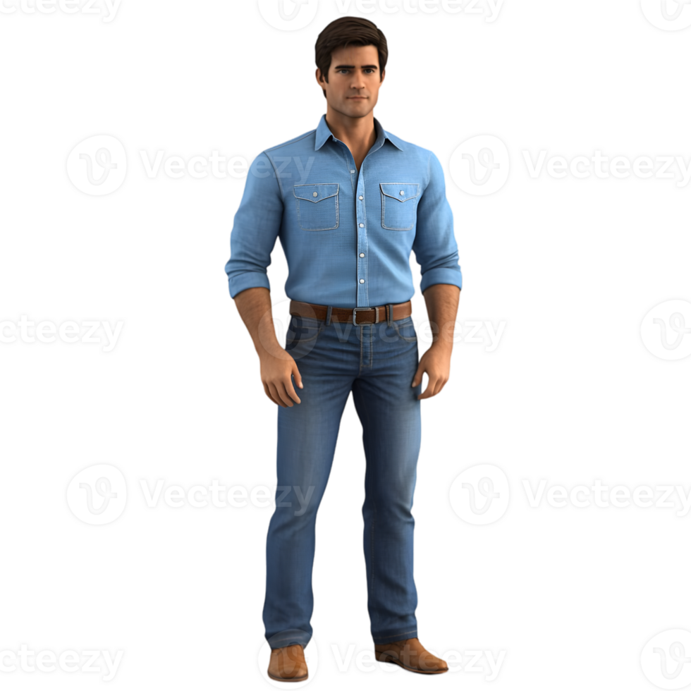 A man in blue shirt and jeans standing png