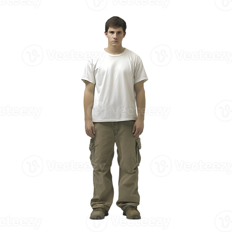 A man in a white t - shirt and khaki cargo pants png