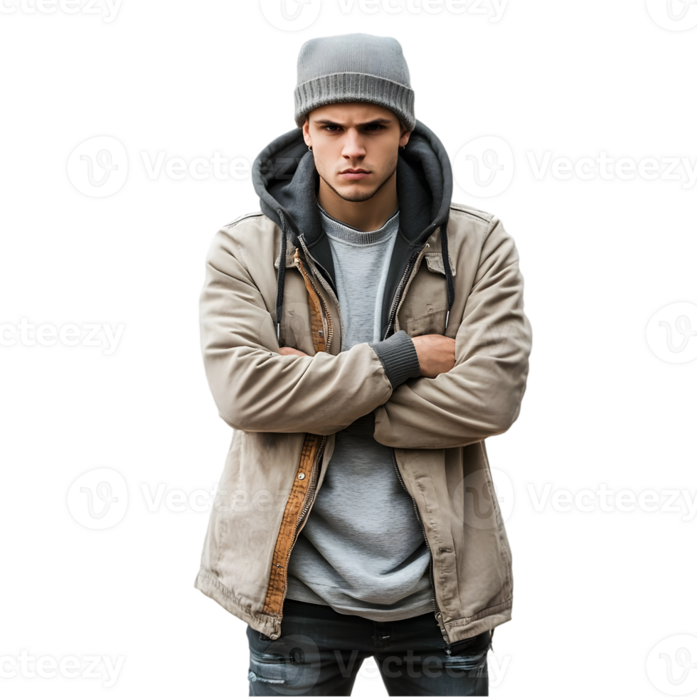 A man in a hoodie and jacket standing with his arms crossed png