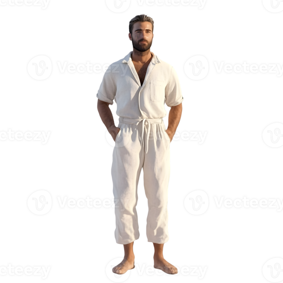 A man in a white jumpsuit standing with his hands on his hips png
