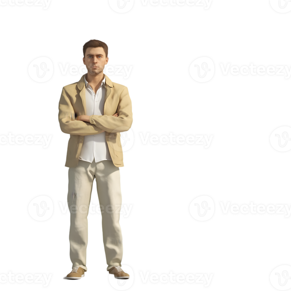 A man in a tan jacket and white pants png