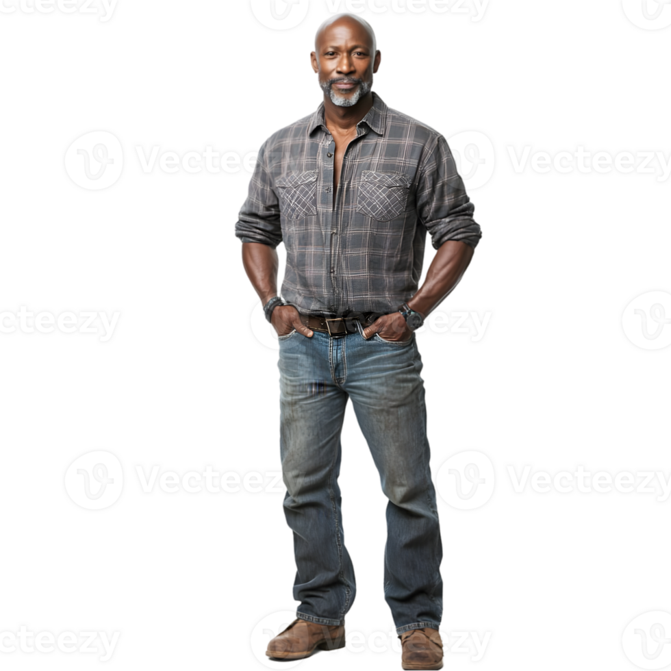 A man in jeans and a plaid shirt standing png