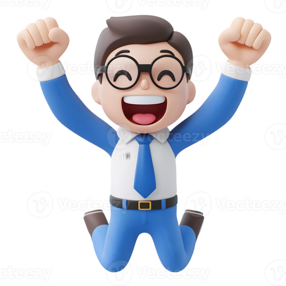 A cartoon man in a blue suit and tie is jumping up and down png