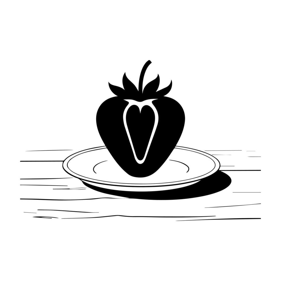 Black and white illustration of a strawberry on a plate vector