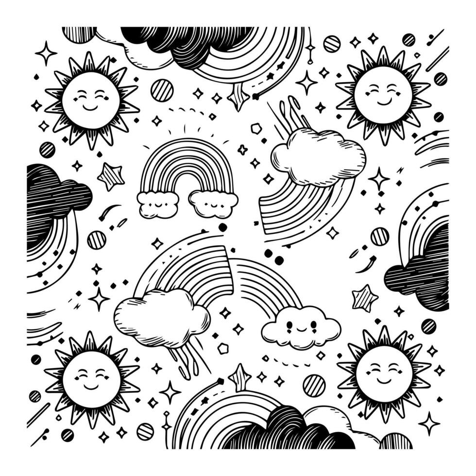 A black and white drawing of clouds, sun, and rainbows vector