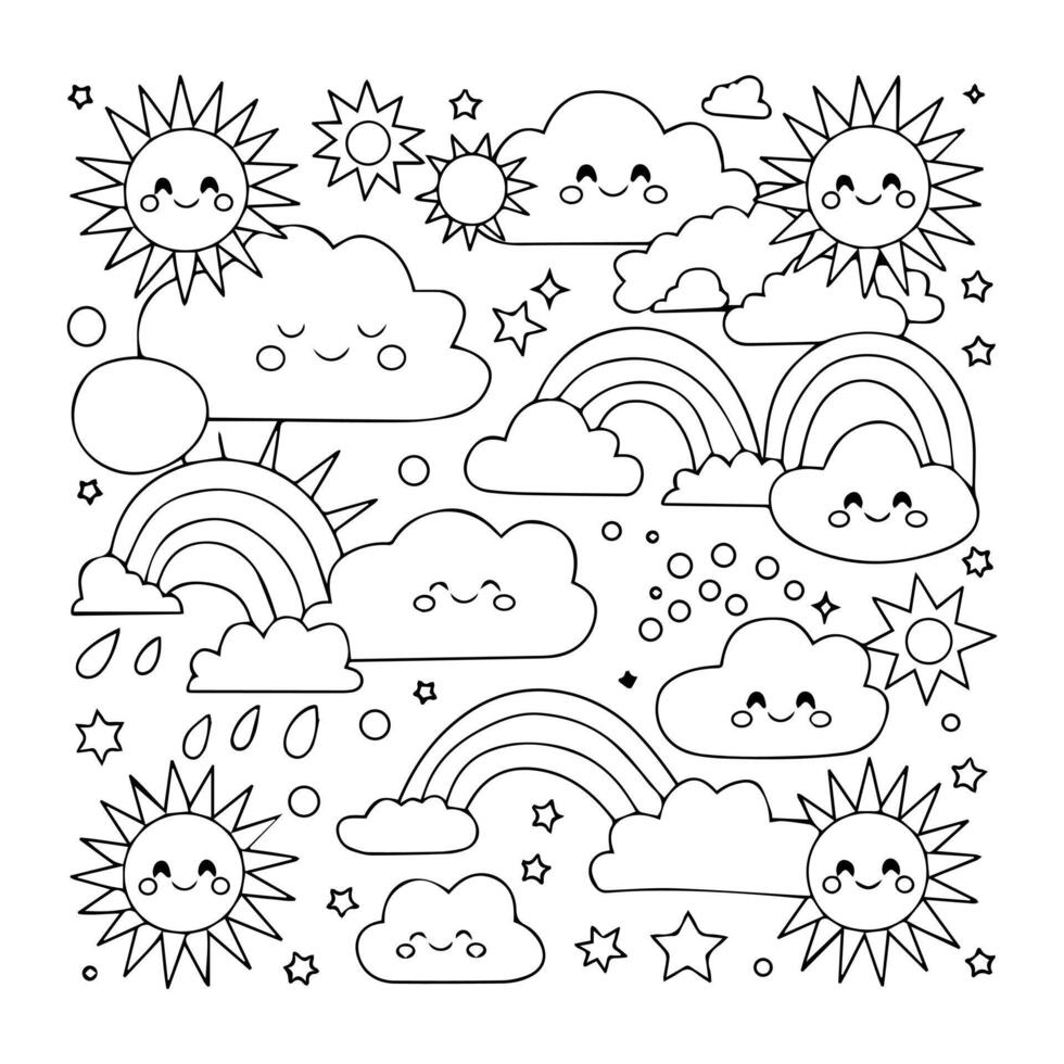 A coloring page with sun, clouds, and rainbows vector