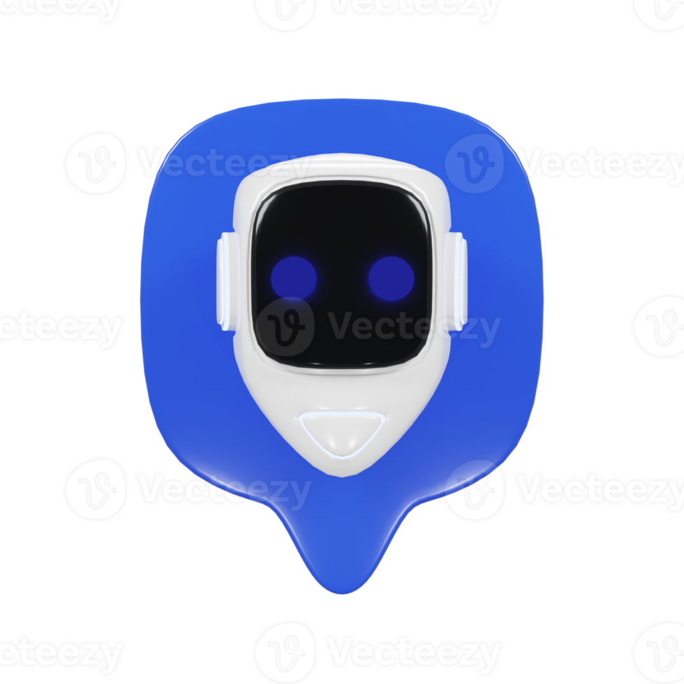 Front view of a 3d render of a blue bubble chat icon with a bot. Chatbot illustration png