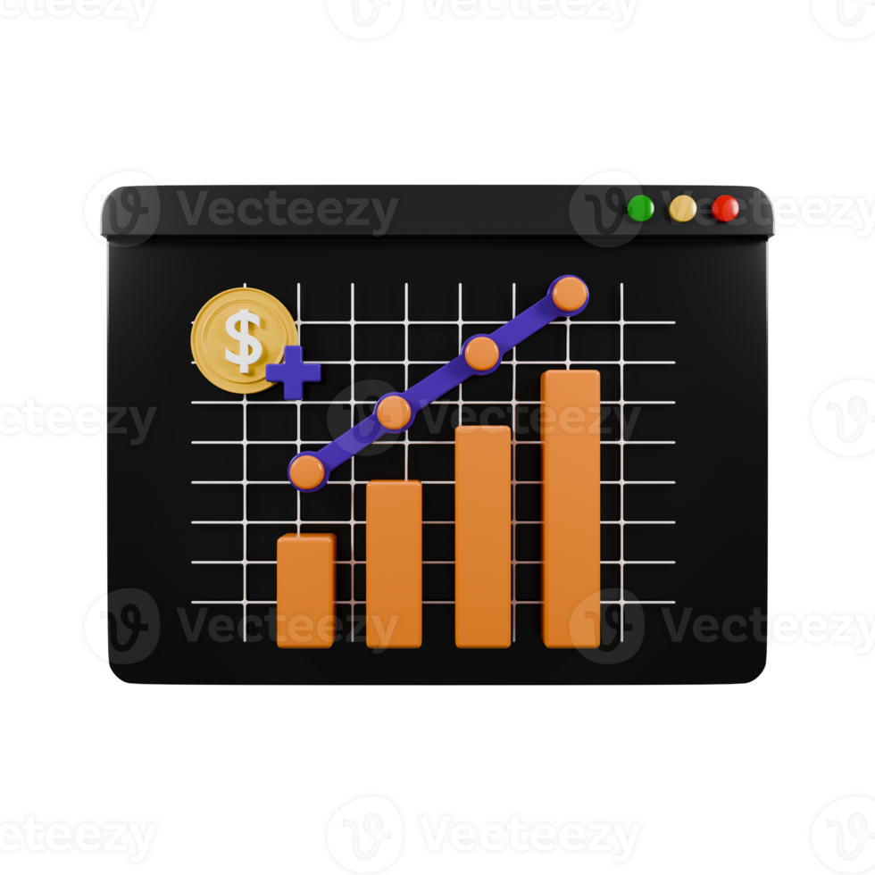 Front view of dark theme business graph 3d render. Business or investment growth illustration. png