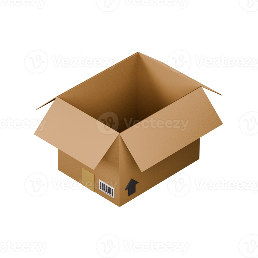 Isometric 3d rendering of an open cardboard box illustration. png