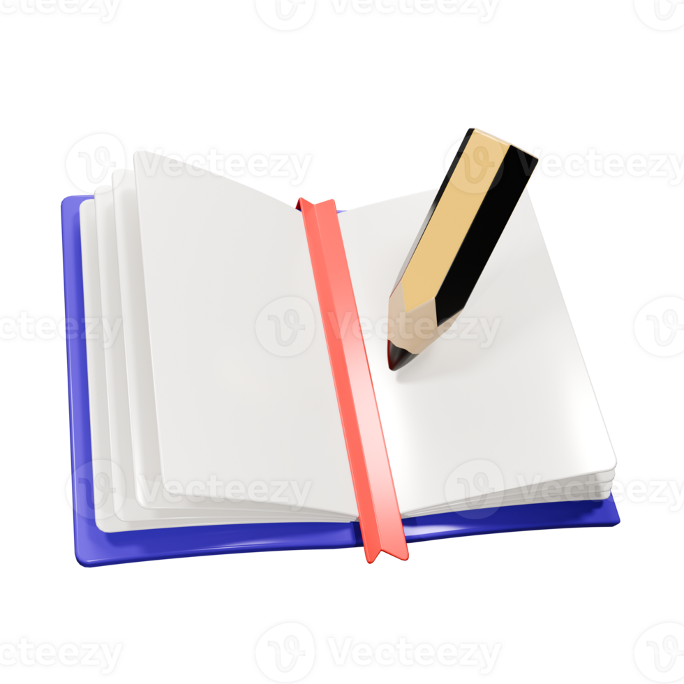 3d render illustration of a blank page open book with a bookmark and pencil. png