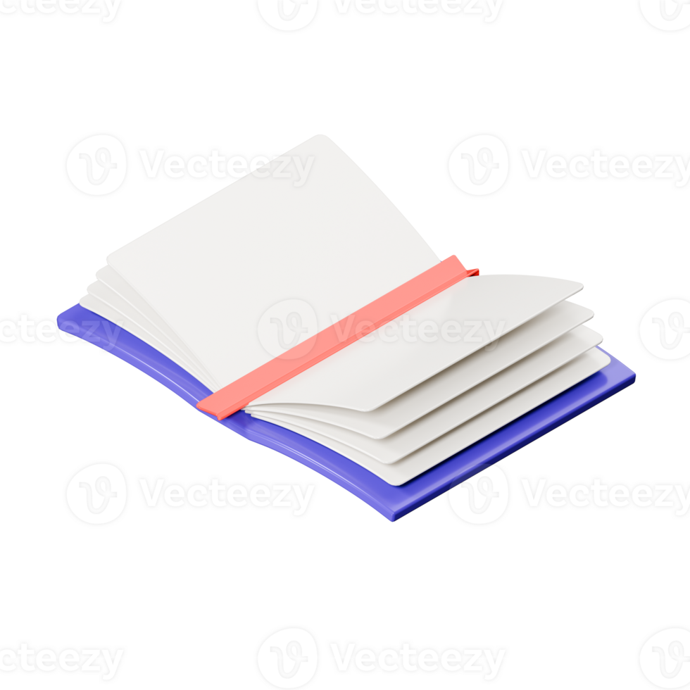 Isometric view of 3d rendering of an open book with a bookmark and blank pages illustration. png