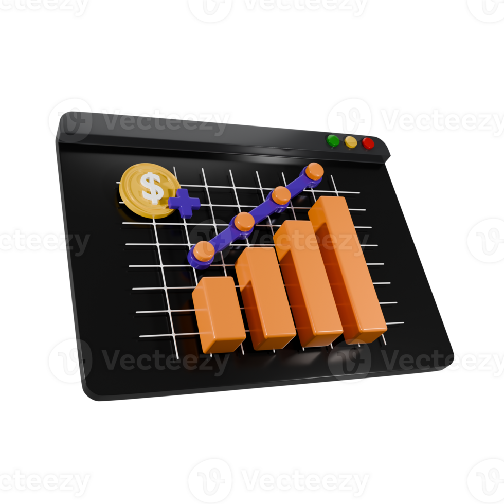 Perspective view of dark theme business graph 3d render. Business or investment growth illustration. png