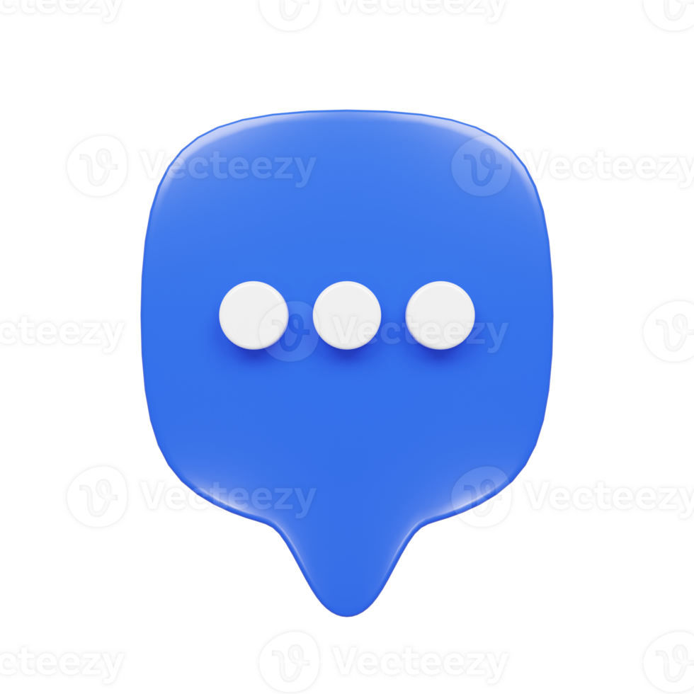 Front view of a 3d render of a blue bubble chat icon with three white dots. png