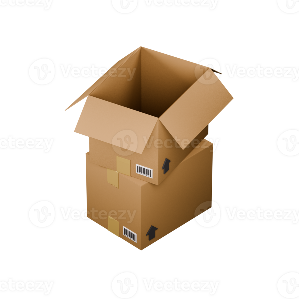 Isometric 3d rendering of a pile of open and closed cardboard boxes illustration. png