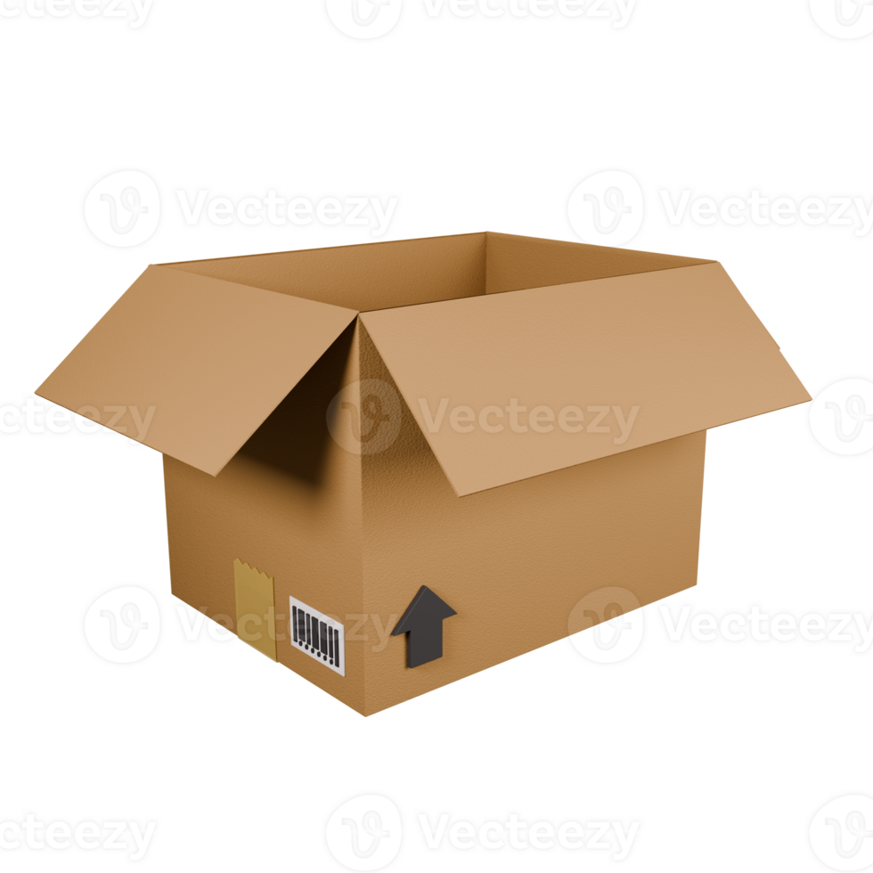 Perspective view of an opened cardboard box 3d render illustration. png